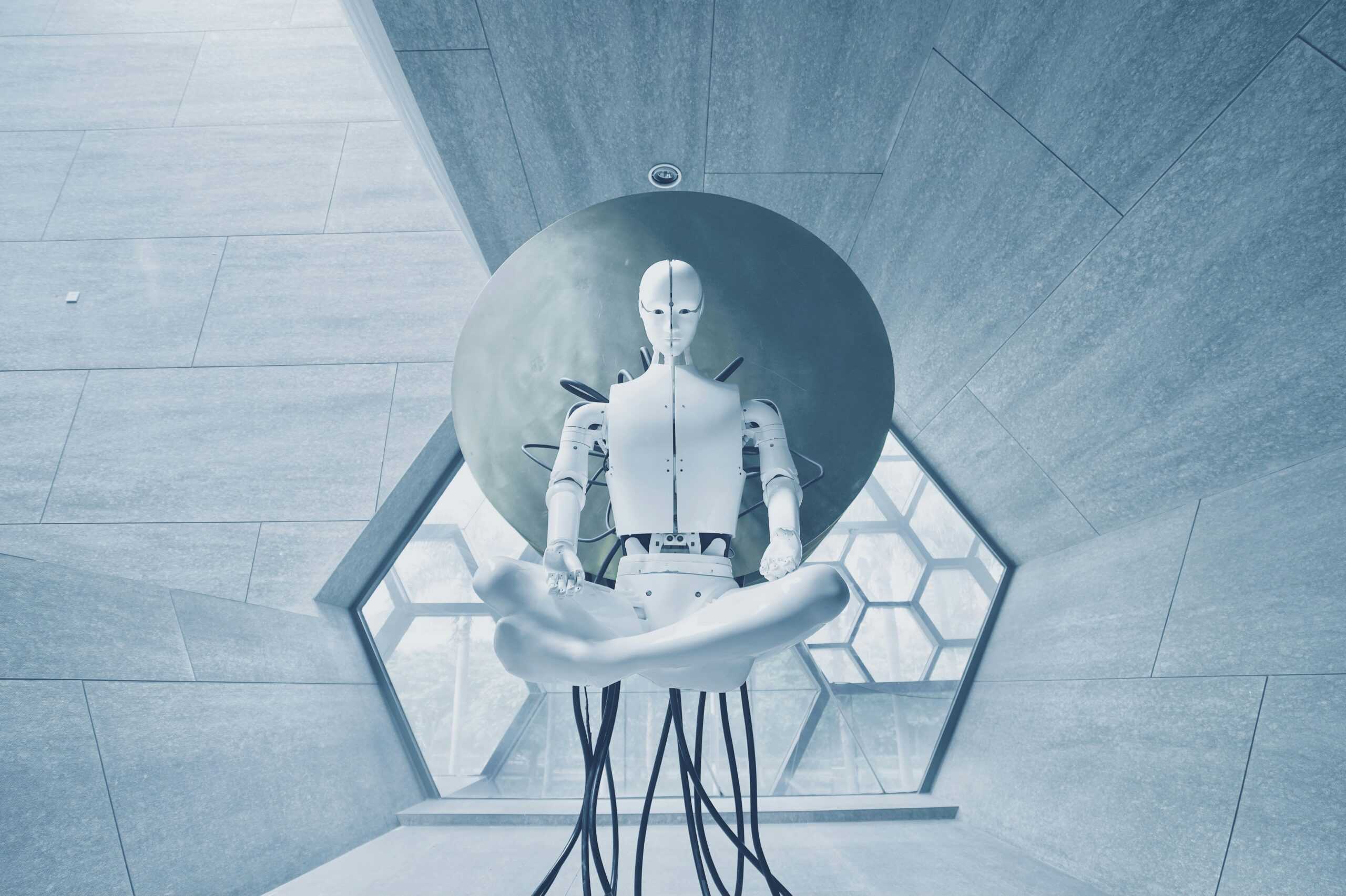 a robot sitting in a yoga pose